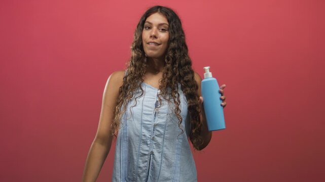 Woman holds a blue pump bottle in right hand and makes expressive gestures while posing against a solid pink studio wall with neutral gaze; self care confidence.