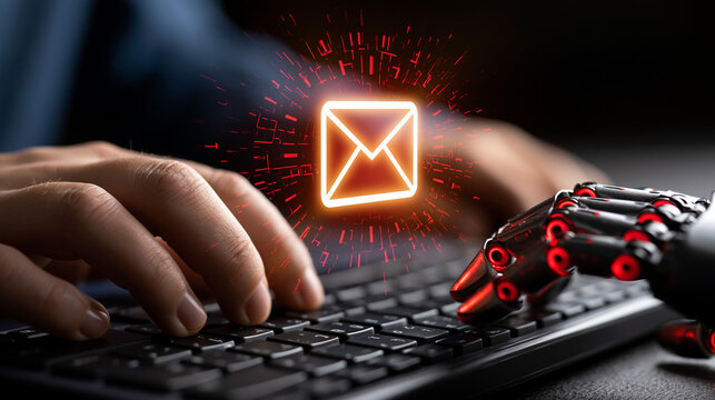 Digital Communication and Innovation: A close-up shot of hands on a keyboard, with an illuminated email icon, symbolizing the synergy of human-computer interaction in the digital age.