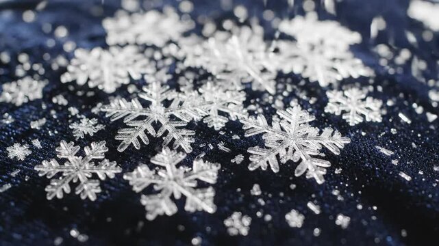 Close-up of delicate snowflakes falling on a dark surface.