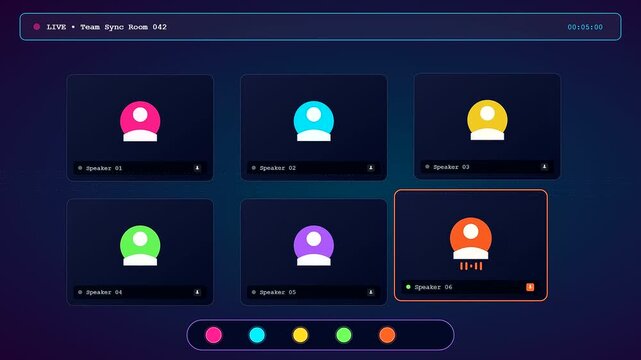 A sleek dark navy conference call interface showcasing six colorful avatar icons as a luminous highlight shifts to indicate different active speakers in real time
