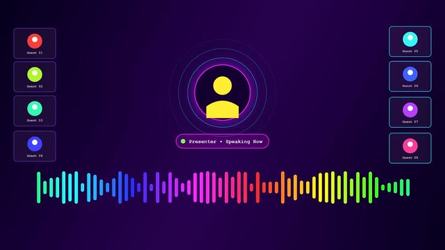 A sleek dark purple neon themed conference call interface featuring a pulsing yellow presenter icon with colorful audio waveforms reflecting real time voice activity