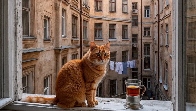 A ginger cat in a window against the backdrop of an old courtyard