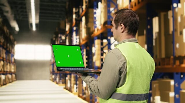 Green screen on laptop held by male worker in fulfillment center depot, operational workforce handling freight and packages prepared for distribution. E-commerce shipment operations.