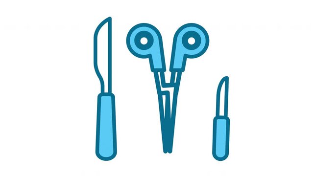 Surgical Instruments Icon Set with Scalpel and Medical Scissors in Flat Line Art Style Isolated on White Background for Healthcare and Medical Design