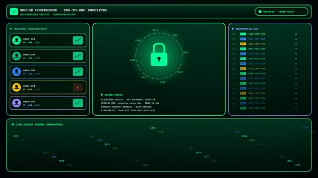 A sophisticated conference call interface displaying encrypted data streams and secure user authentication within a dark green digital environment featuring orbiting lock icons and code