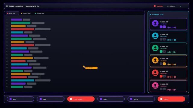 A sophisticated conference call interface featuring a dark themed dashboard as a cursor glides across vibrant data segments and a sidebar of connected collaborators