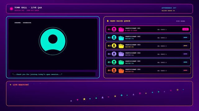 Futuristic digital displays featuring a conference call interface with neon magenta and cyan accents while vibrant reaction icons drift across a deep purple screen