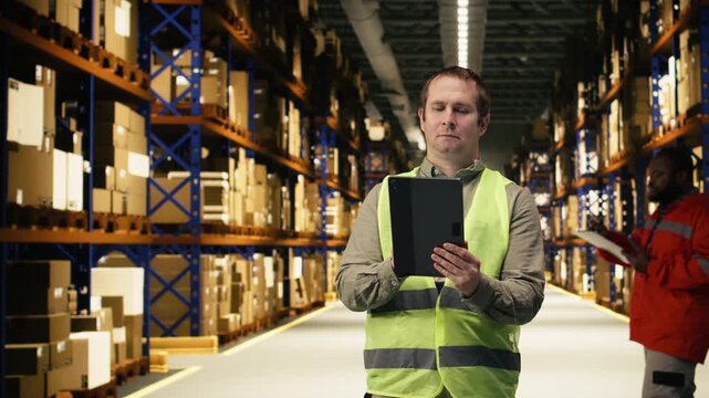 Industrial depot with worker, coordinating cargo, dispatch with safety vest, warehouse staff manages packages and shipment details with tablet. Large business operational performance.