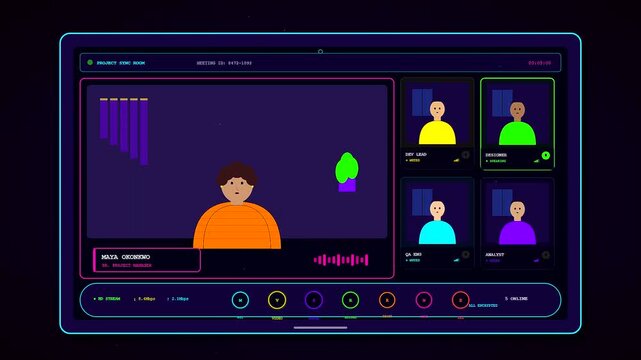 A futuristic neon conference call interface showcasing various stylized avatars and glowing audio waveforms changing as different participants are selected within a dark digital workspace