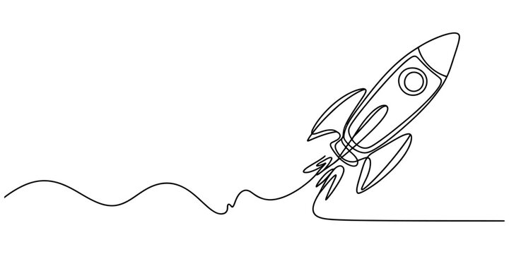 Continuous single line drawing of a flying space rocket ship launching into the air representing business growth and startup success in a simple style Vector, illustration
