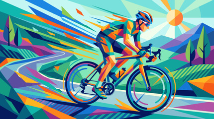 Fototapeta premium Cyclist riding a bicycle on a winding road with colorful abstract background.