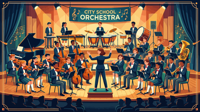 City School Orchestra Performing on Stage with Conductor.