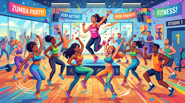 Energetic Zumba Class Dancing Together in a Bright Studio.