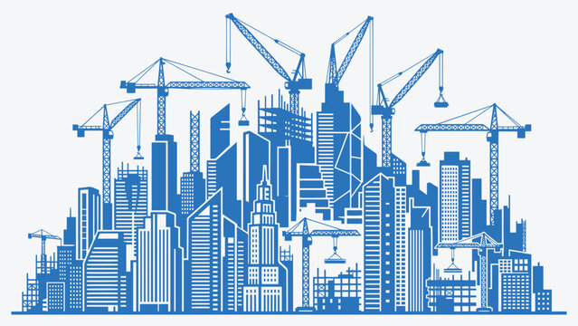 Dynamic blue vector illustration of urban city skyline with construction cranes. Modern cityscape under development, perfect for construction industry, real estate, urban growth, and infrastructure.