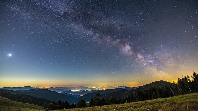 A beautiful night sky with a bright over a distant mountain range and city lights