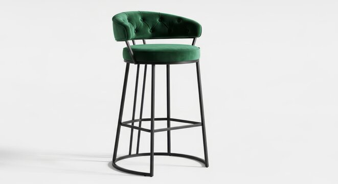 Green velvet bar stool with tufted backrest and black metal frame