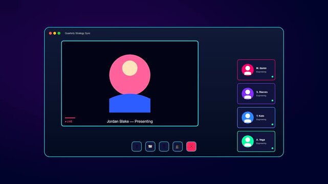A sleek dark mode conference call interface displaying stylized colorful user avatars as a sidebar of participants gradually populates during a digital meeting animation