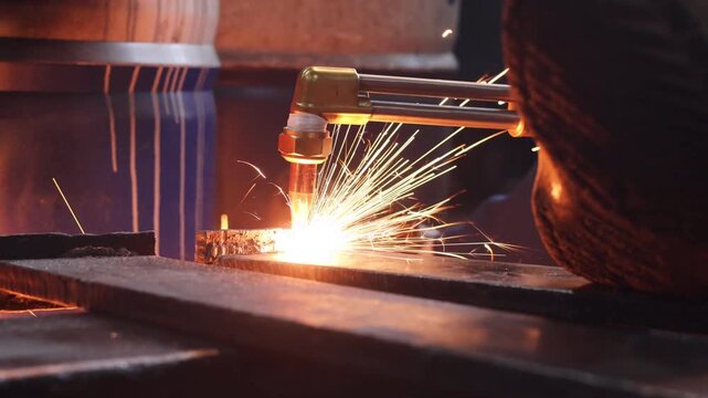 Industrial Oxy-Fuel Cutting Torch Processing Steel Plate with Sparks