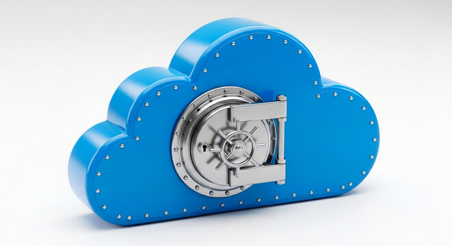 A bright blue cloud-shaped storage device with a heavy metal bank vault door installed