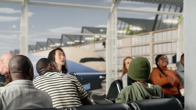 Angry tourists in airport exasperated by plane being late, making complaining phone calls. Passengers irked by canceled flights announcement, berating airline company for tedious waiting