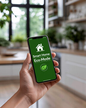 Person holding smartphone showing smart home eco mode screen