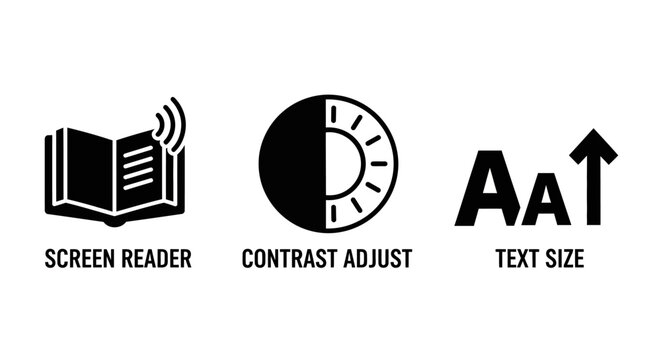 Accessibility Icons: Screen Reader, Contrast Adjust, Text Size. Universal Design Symbols.