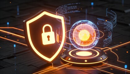 Fototapeta premium Glowing cyber shield and padlock icon protecting a pulsing data core sphere, floating encrypted data streams, minimalist clean 3D render, dark futuristic backdrop, vivid color scheme, logo-free