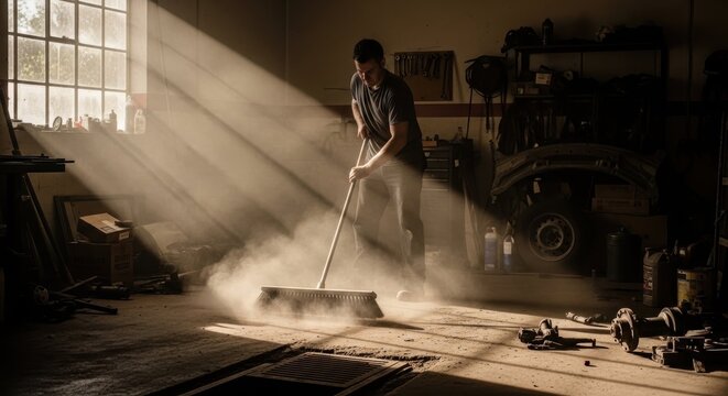 Man sweeping dust in a workshop with sunlight filtering through
