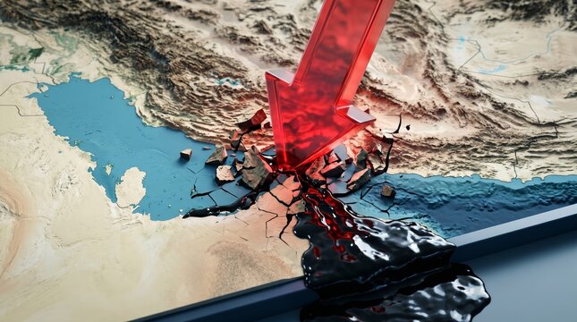 Strait of Hormuz 3D relief map shattered by a giant red downward arrow causing a major oil spill