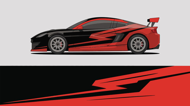 Red and black sports car side view.