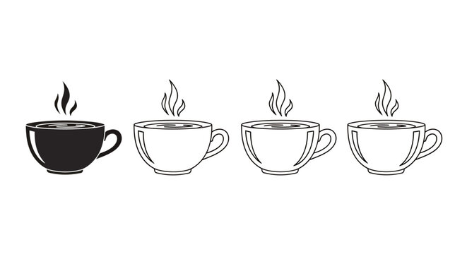 Row of four steaming coffee cups with the first cup filled in black and white outline variations.