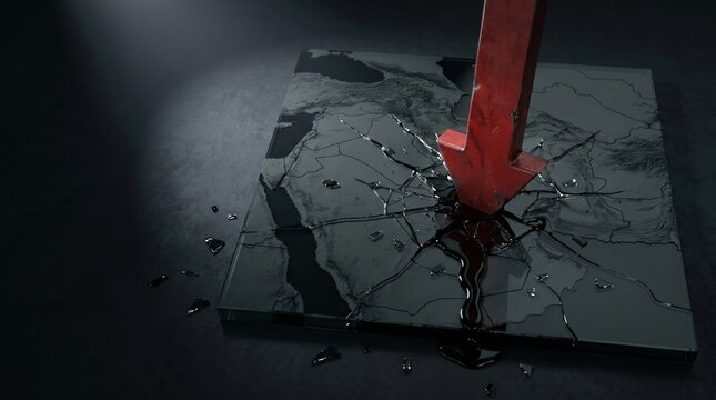 Strait of Hormuz Geopolitical crisis concept showing a heavy red arrow shattering a glass map of the Middle East with leaking black oil.