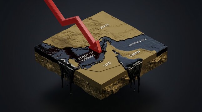 Isometric 3D cross section map of the Strait of Hormuz showing a red downward arrow and dripping black crude oil.