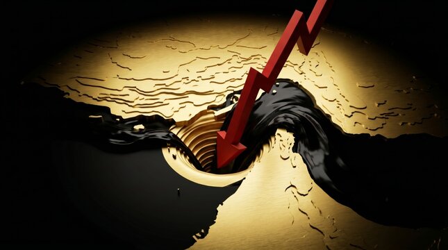 Concept of financial drain showing a red downward arrow plunging into a black oil sinkhole on a golden map of the Strait of Hormuz.