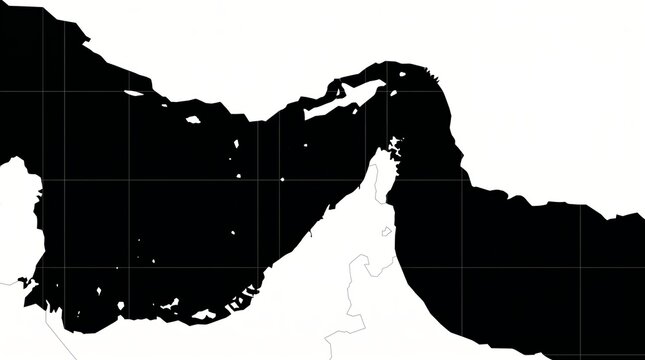 Minimalist black and white silhouette map of the Strait of Hormuz and Persian Gulf on a dark grid background.