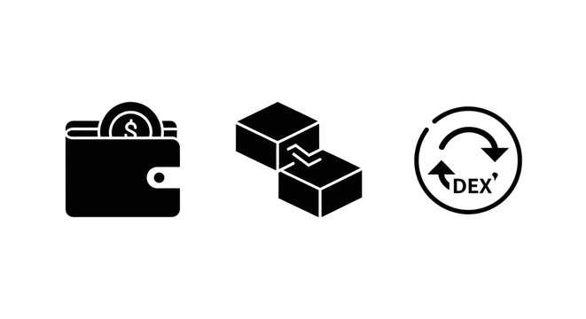 Decentralized Finance Icons: Wallet, Blocks, and DEX Exchange Symbol