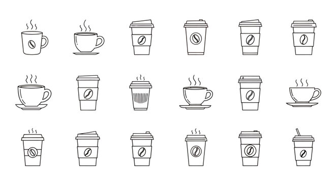 Collection of doodle coffee cups in various simple sketches arranged in rows.