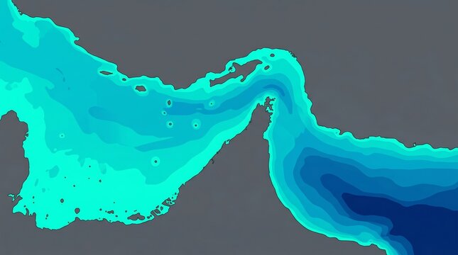 Conceptual 3D isometric map of the Strait of Hormuz fractured by a glowing red downward arrow leaking black crude oil.