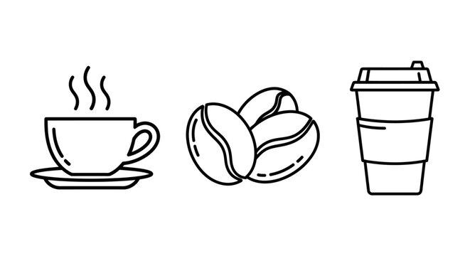 A still life featuring coffee beans with a steaming cup and a disposable takeaway coffee cup arrangement.