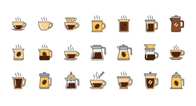 Collection of Colorful Coffee Cups with Steam and Varied Mugs in a Repeating Pattern.