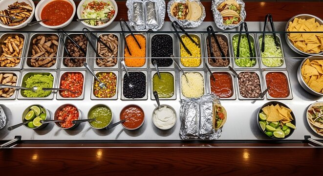 Variety of Tasty Toppings and Ingredients for Tacos or Nachos on a Buffet Table