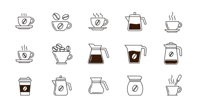 Collection of hand drawn coffee cups, mugs, beans and brewing implements in a whimsical sketch style.