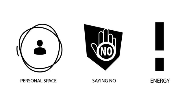 Icons representing personal space, saying no, and energy
