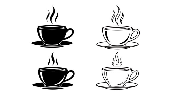 Set of four coffee cup icons with steam in black and white style for graphic design or icon projects.