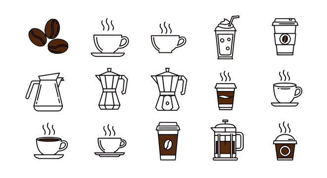 Assorted coffee drinks and brewing icons collection featuring cups, mugs and takeout containers.