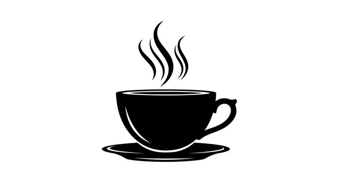 Black Coffee Cup with Steam on a Saucer Isolated on White Background.
