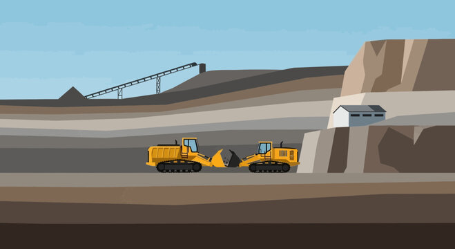 Yellow mining trucks on road.