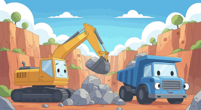 Cartoon excavator and dump truck vehicles 1.