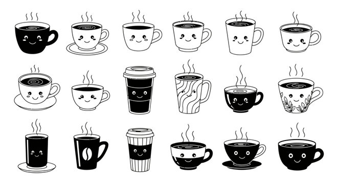 A Collection of Monochrome Coffee Cups: Doodles and Icons in Various Styles.