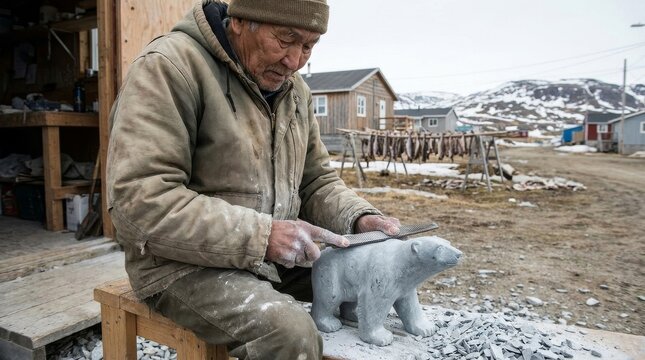 Inuit elder carving a traditional soapstone sculpture in the Arctic